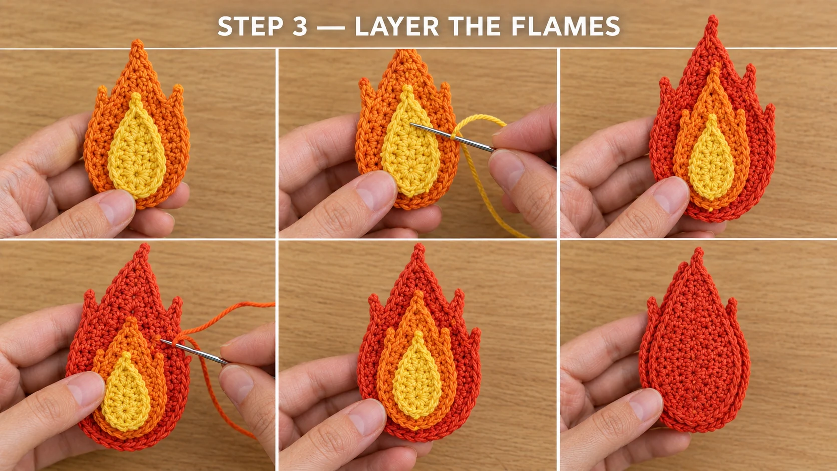 Step 3 of the crochet campfire keychain: hands sewing the yellow inner flame onto the orange middle flame, then the stacked pair onto a red-orange outer flame, next to the plain red-orange back layer