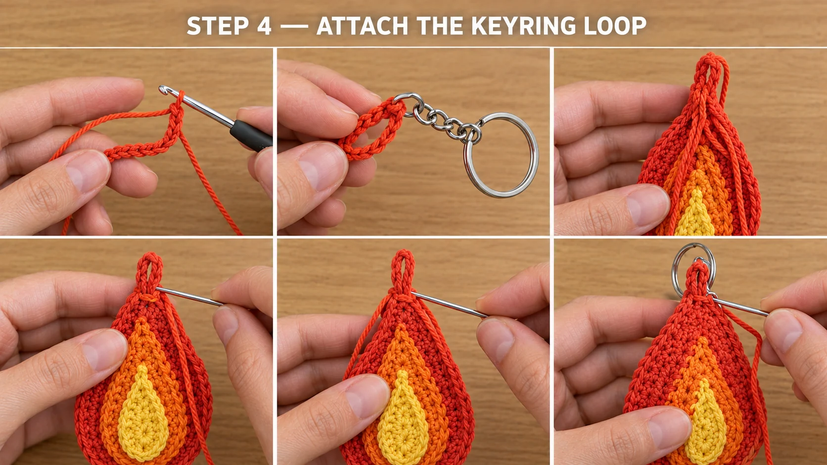 Step 4 of the crochet campfire keychain: a red-orange chain loop threaded onto a silver keychain, its tails sewn down the back of the tip, then the front and back flame layers whipstitched together with the loop and split ring rising from the top