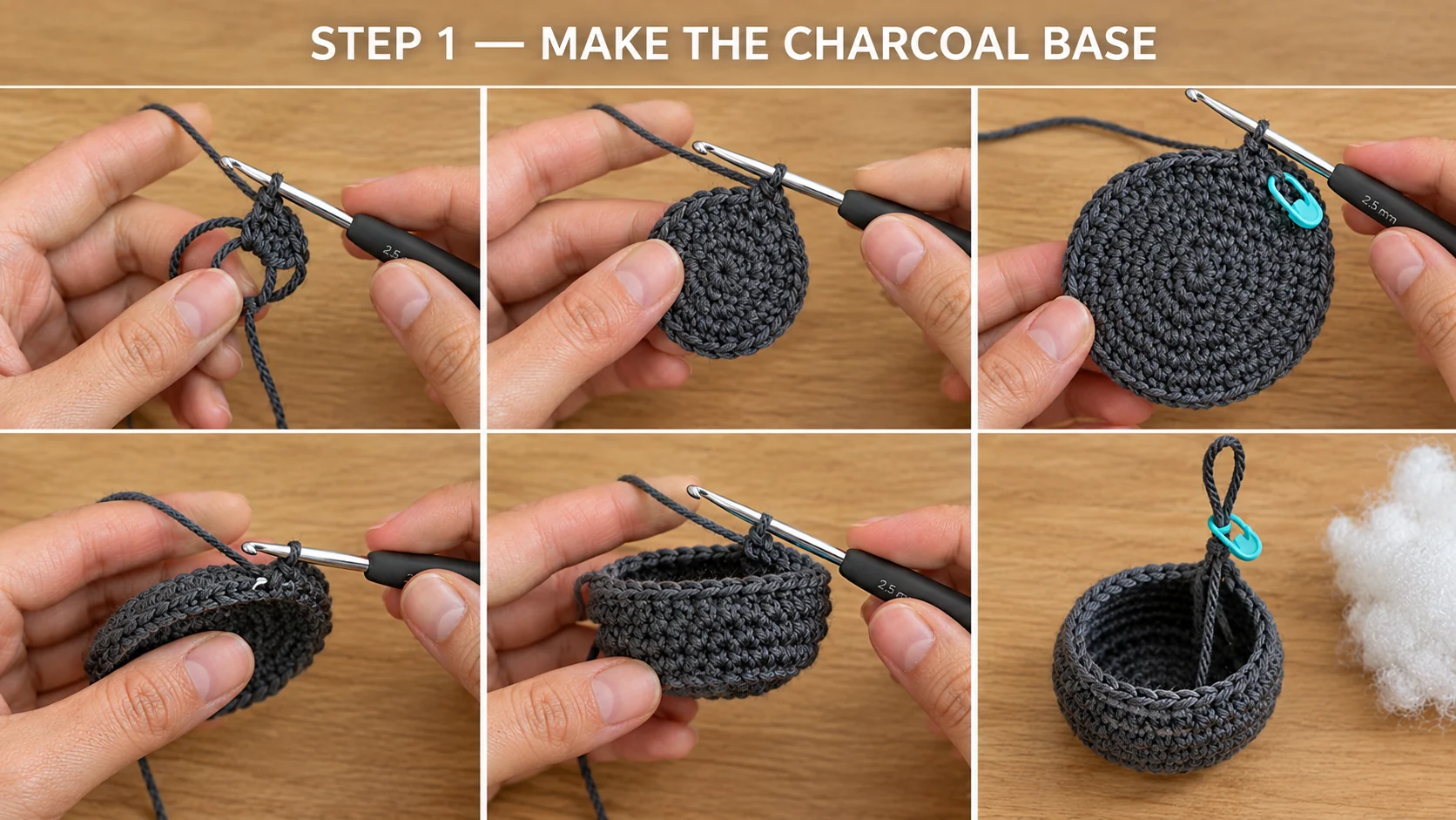 Step 5 of the crochet campfire keychain: a charcoal magic ring on a 2.5 mm hook grown into a flat disc with a stitch marker, the edge turned down with a back-loop round, the sides worked, and the open base paused with its working loop held on a stitch marker next to a pile of stuffing