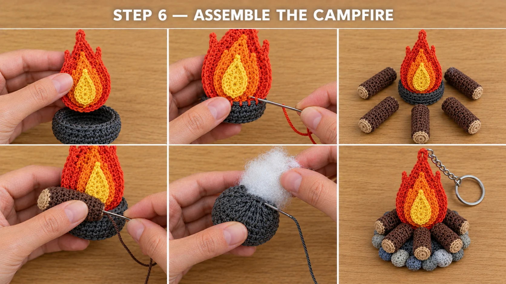 Step 6 of the crochet campfire keychain: the layered flames sewn onto the charcoal base, five brown logs with tan ends pinned in a star around them and sewn on, then the base stuffed lightly and closed underneath