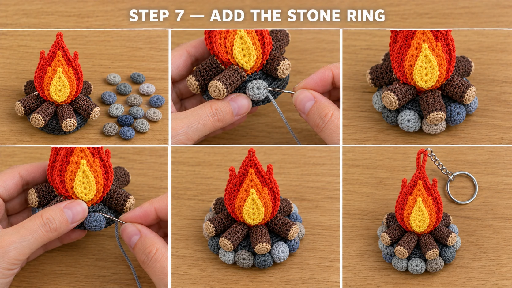 Step 7 of the crochet campfire keychain: flattened pebbles in light grey, blue-grey and greige sewn one by one around the base under the logs until they form a full stone ring