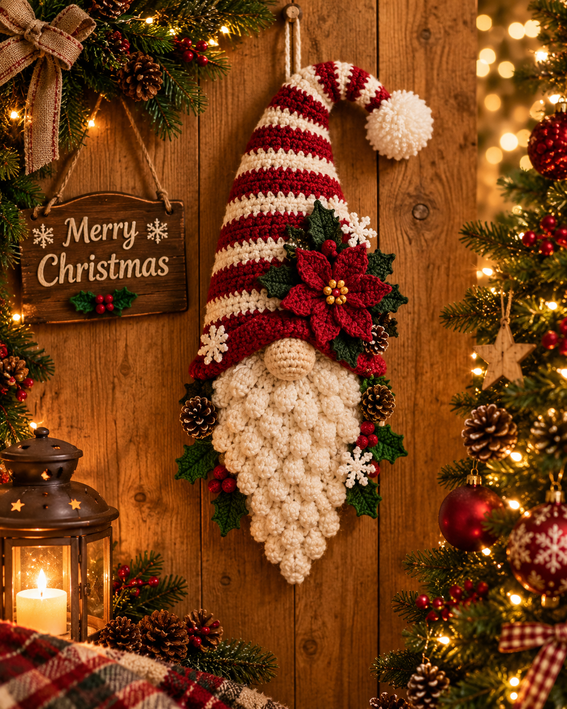 Handmade crochet Christmas gnome wall hanging with cream bobble beard, red striped Santa hat, poinsettia, holly, snowflakes and pinecones displayed next to a lit Christmas tree and Merry Christmas sign