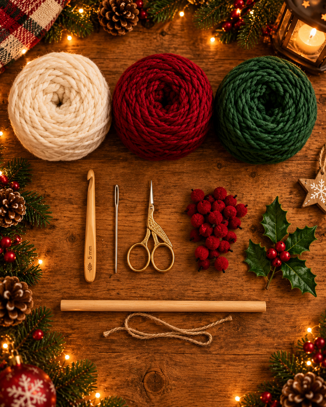 Overhead flat lay of cream, red and green yarn cakes, bamboo 5mm crochet hook, tapestry needle, gold scissors, red berry pom-poms, holly sprig, wooden dowel and twine on rustic wood with pine garland and fairy lights