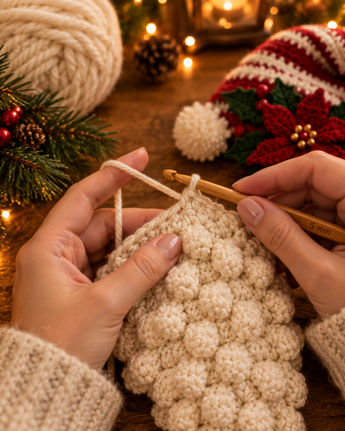 Close-up of hands crocheting a cream bobble stitch beard body with a 5mm bamboo hook, showing the chunky teardrop shape forming with the red striped hat and pompom visible in the background