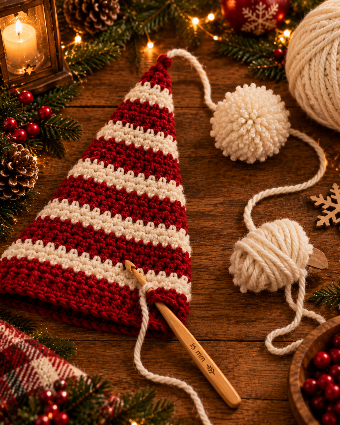Finished red and cream striped pointed Santa hat lying flat on rustic wood with a cream yarn pompom nearby and 5mm bamboo hook resting on the hat