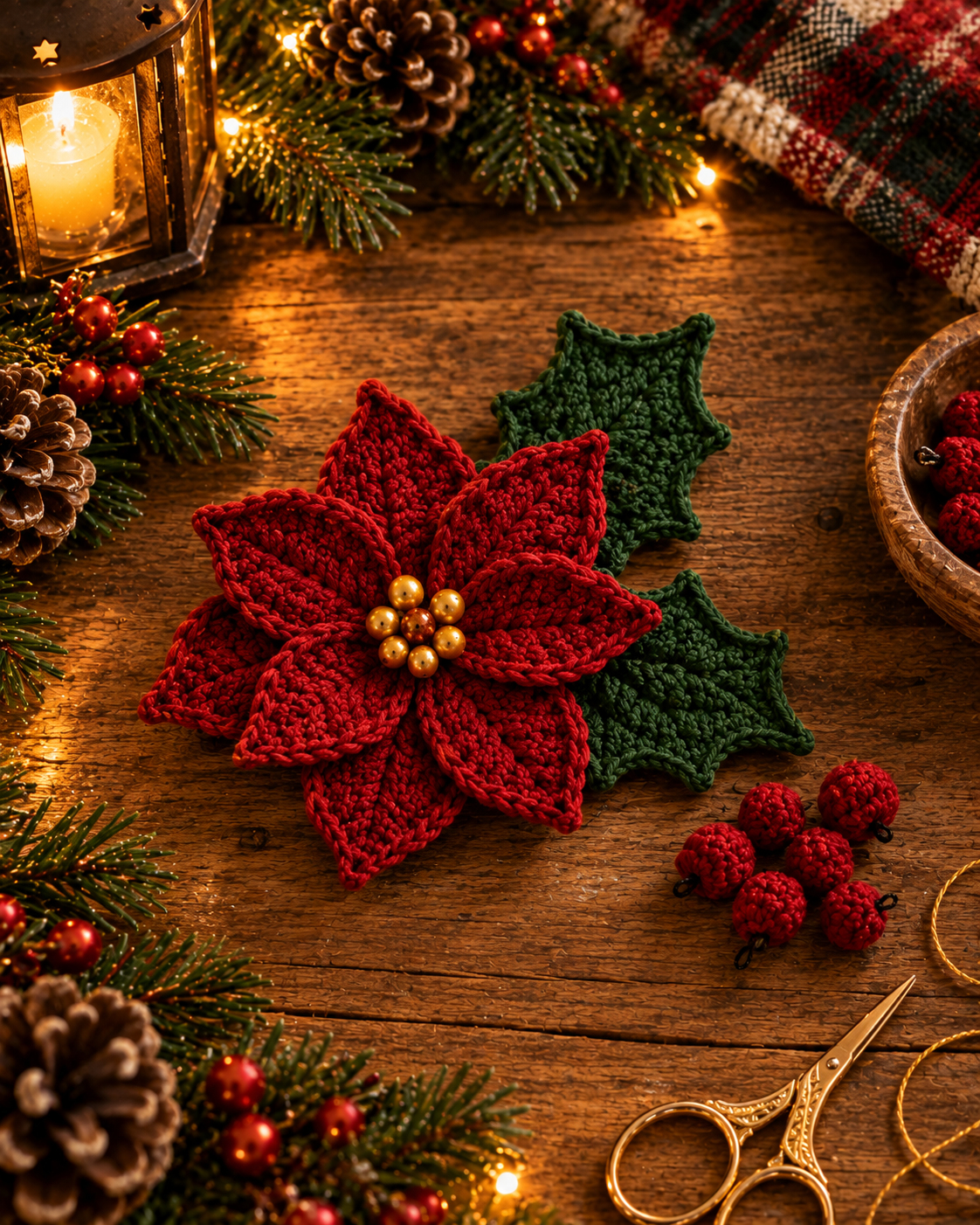 Finished red crochet poinsettia flower with gold beaded center, two forest green holly leaves and a small cluster of red berry pom-poms arranged on rustic wood with lantern glow