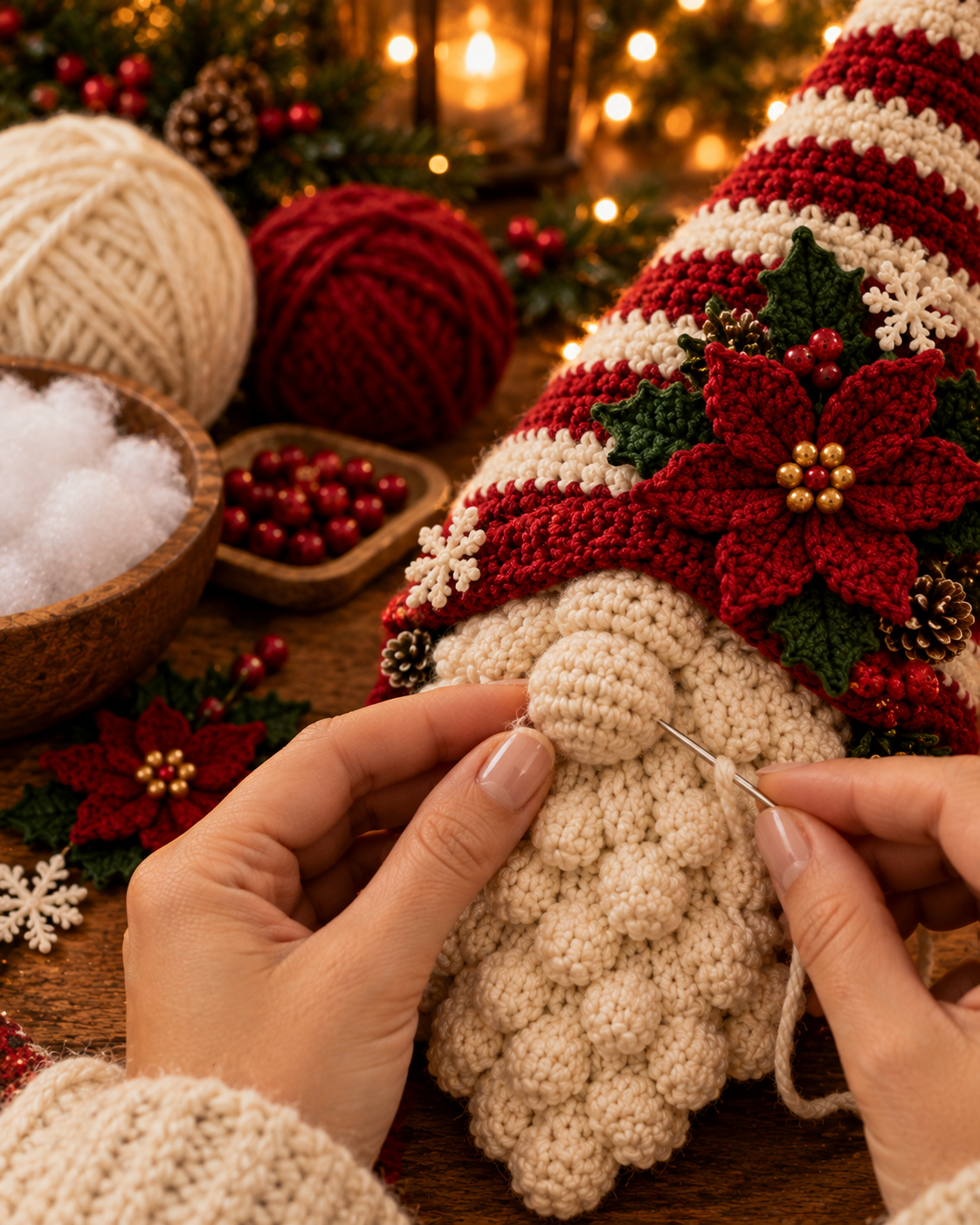 Hands stitching the cream nose onto the bobble beard of the Christmas gnome using a tapestry needle, with the finished red striped hat and poinsettia trim already in place and a bowl of fiberfill and red berries nearby