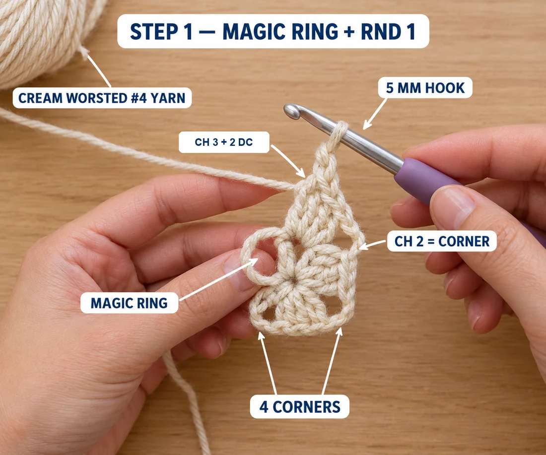 Step 1 of the Christmas granny square: a magic ring with the first round of double crochet clusters and a ch-2 corner in cream worsted yarn on a 5 mm hook