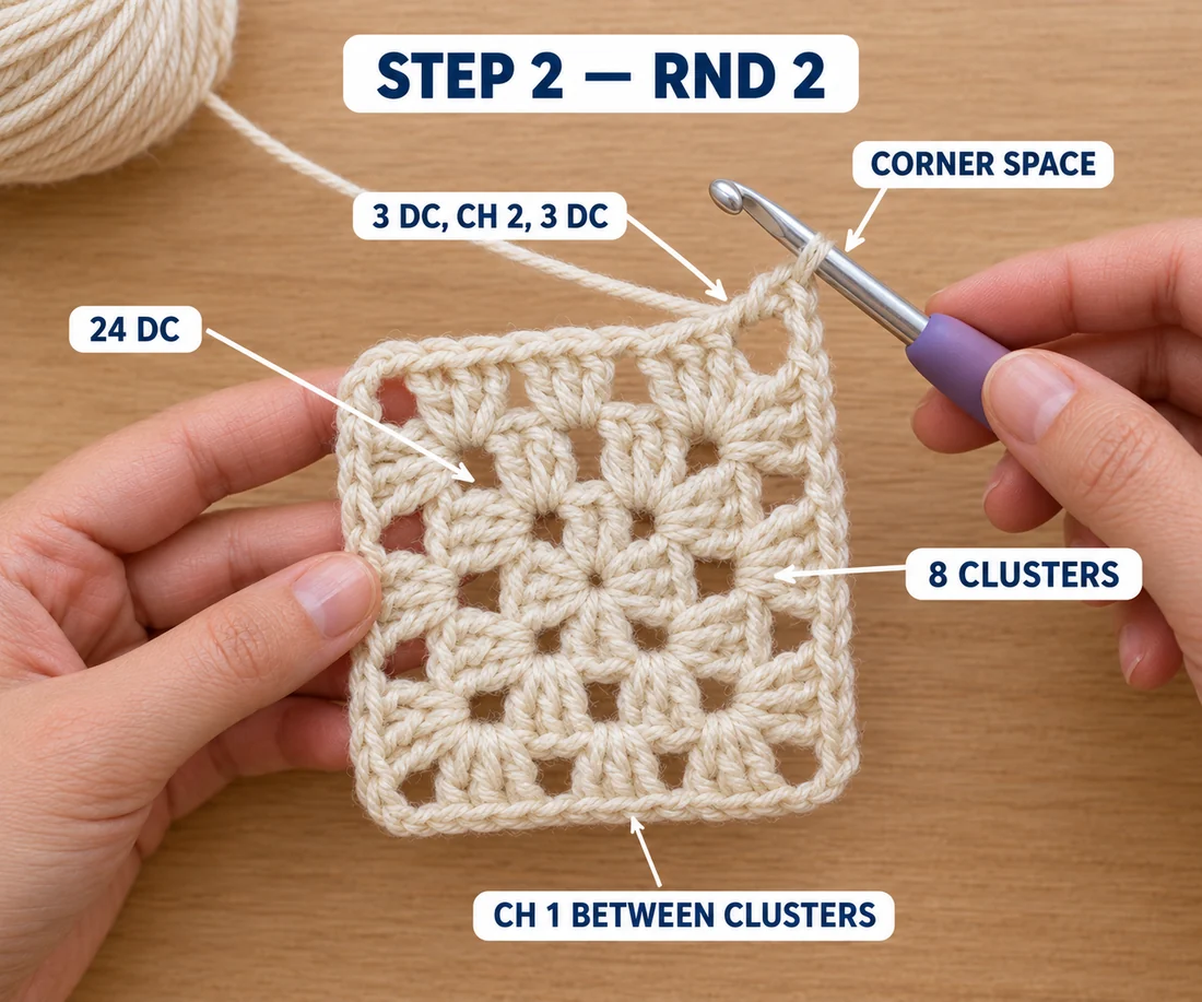Step 2 of the Christmas granny square: Round 2 with (3 dc, ch 2, 3 dc) in each corner space and a ch 1 between the clusters, 24 double crochet in all