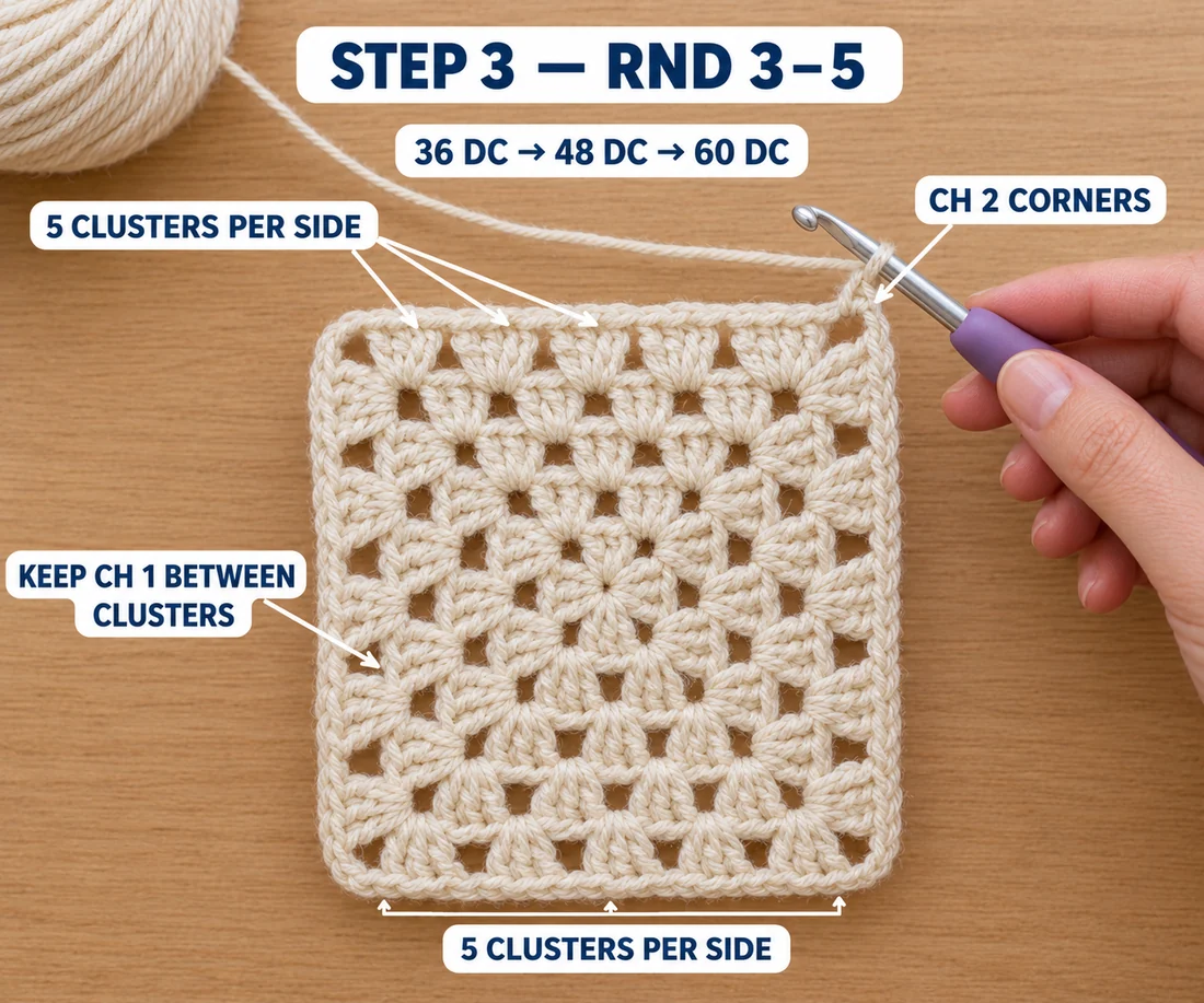 Step 3 of the Christmas granny square: Rounds 3 to 5 worked in cream, growing from 36 to 48 to 60 double crochet, with 5 clusters per side and ch-2 corners