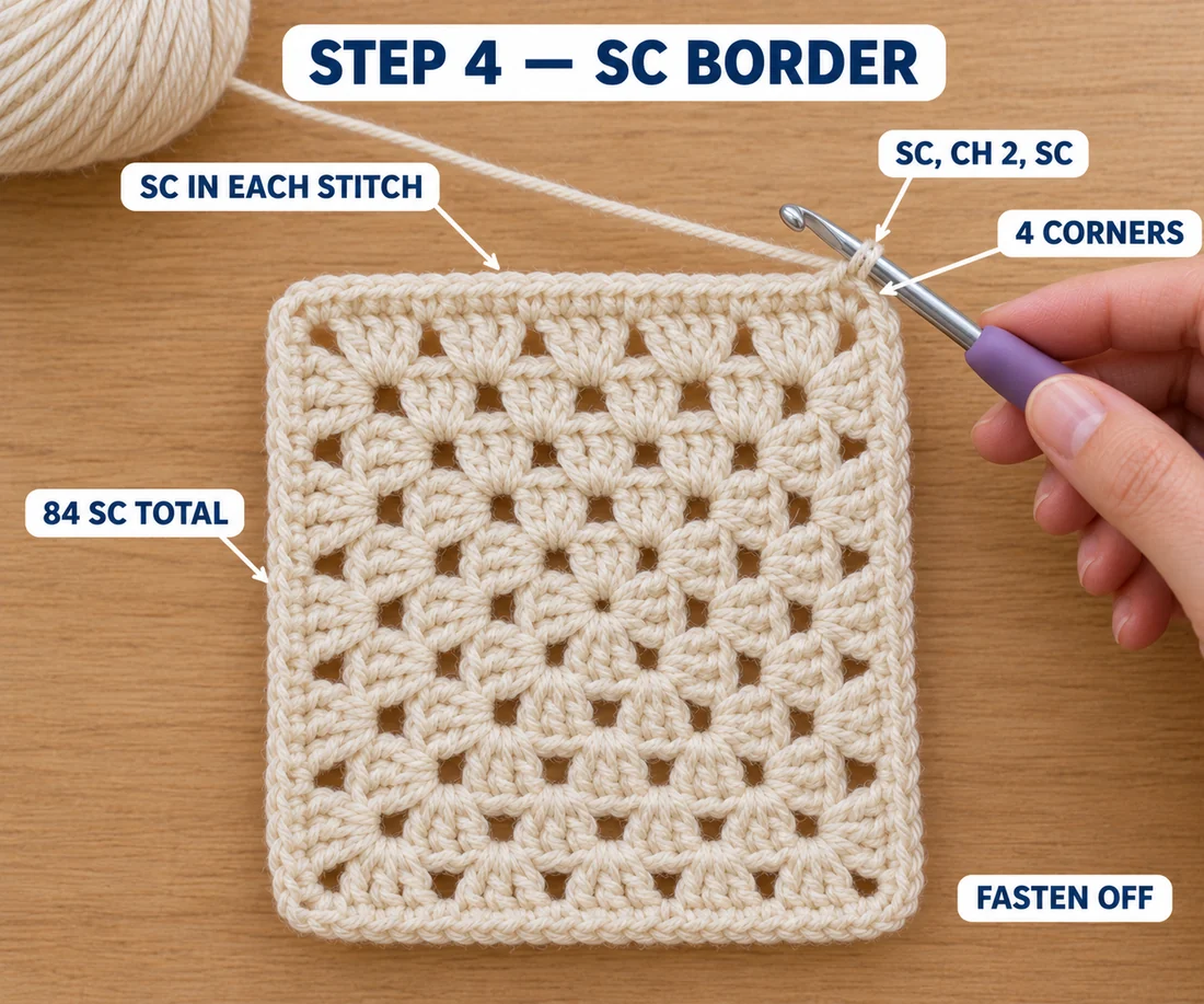 Step 4 of the Christmas granny square: the single crochet border worked around the whole square, with (sc, ch 2, sc) in each corner, 84 sc in total