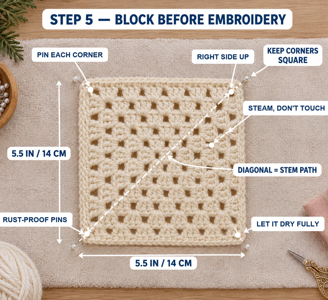 Step 5 of the Christmas granny square: the plain cream square pinned at each corner on a towel for blocking, 5.5 in (14 cm) on each side, with the diagonal stem path marked