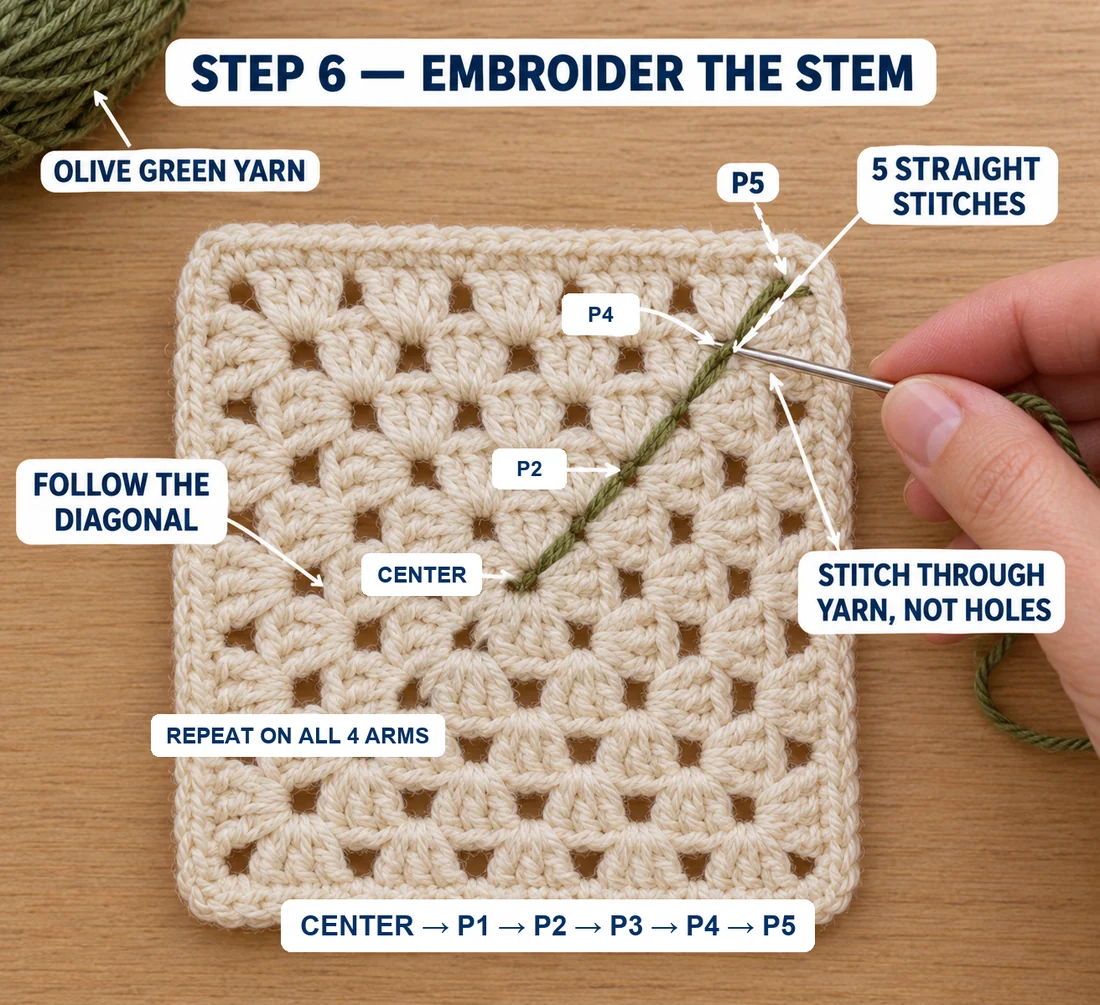 Step 6 of the Christmas granny square: an olive green stem stitched along the diagonal from the center to the corner in five straight stitches, through the corner chains P1 to P5