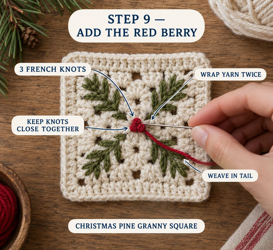 Step 9 of the Christmas granny square: three red French knots stitched close together at the center where the four pine branches meet
