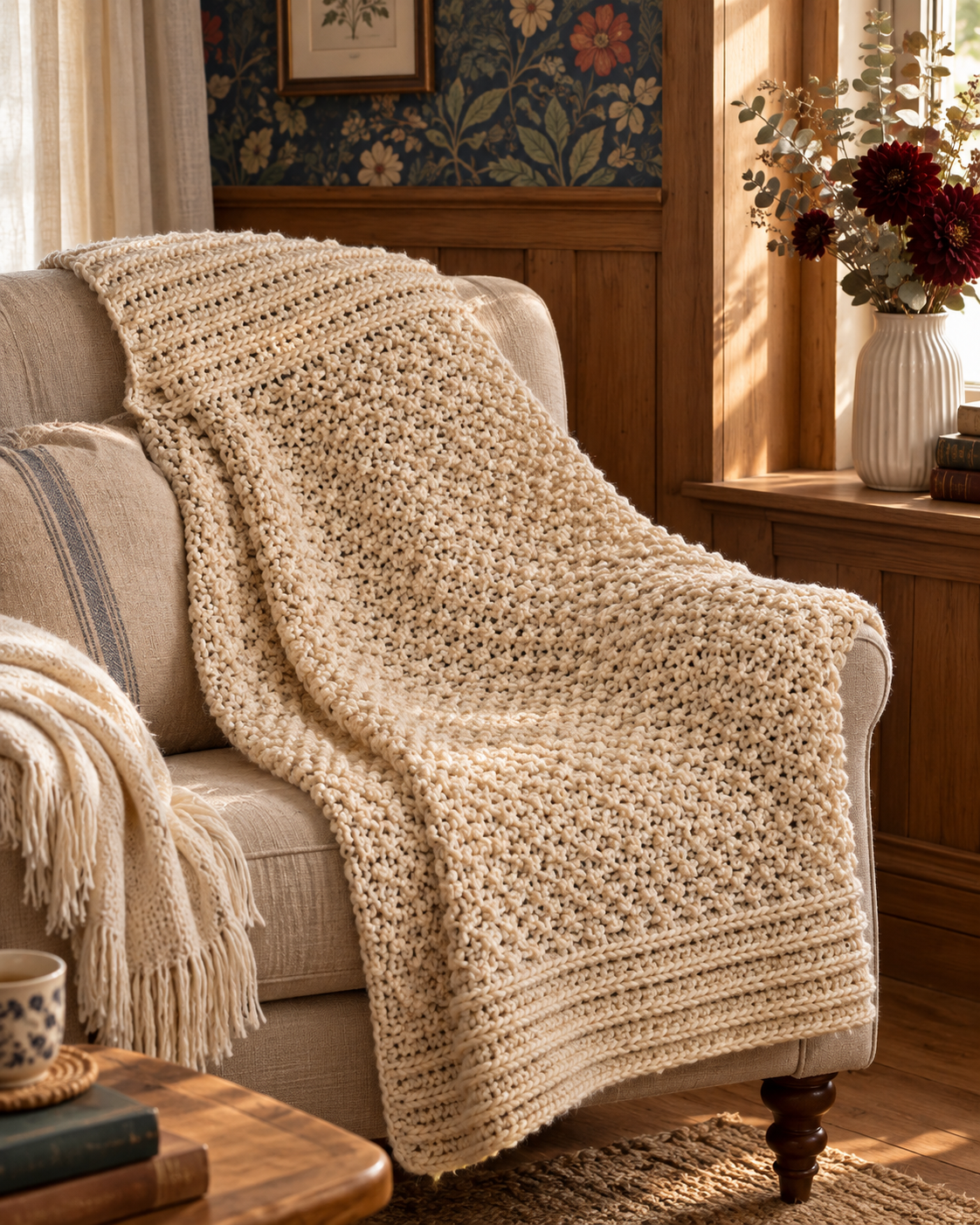 A textured chunky crochet blanket in warm oatmeal cream draped over a linen armchair, with a woven moss-stitch body and ribbed borders on both ends, styled in a cottagecore living room with a floral wallpaper panel behind, a fluted ceramic vase with dried eucalyptus on a windowsill, and soft afternoon light