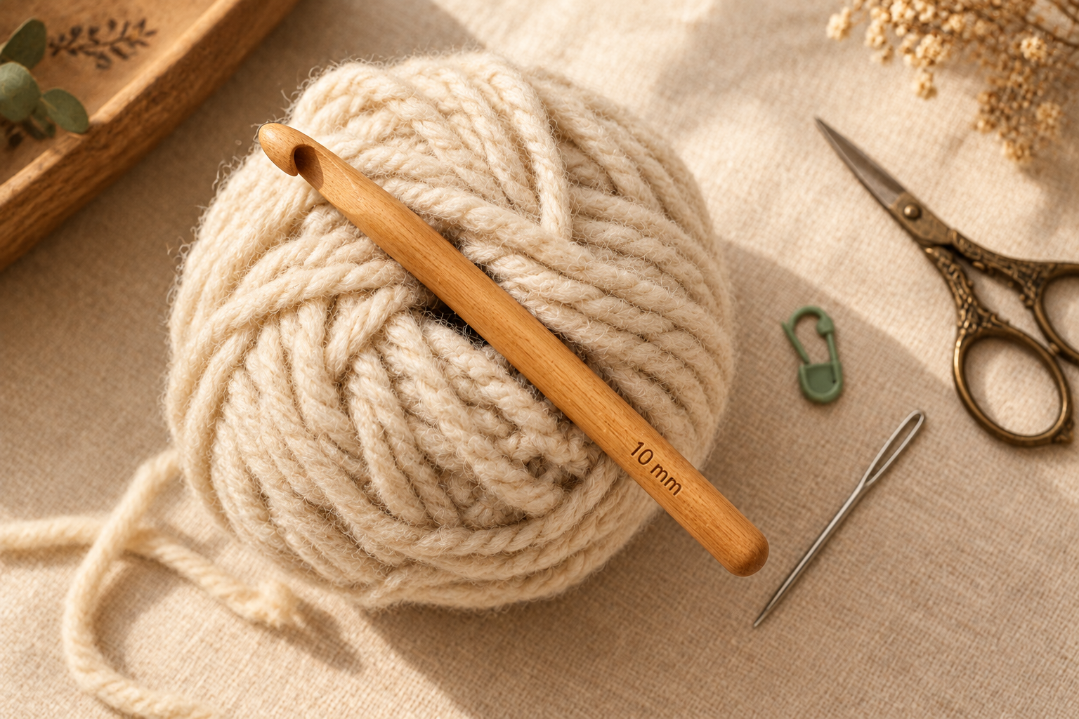 A textured oatmeal chunky crochet blanket folded on a wooden bench with a fluted ceramic vase, dried eucalyptus stems, and soft afternoon light streaming in from the window