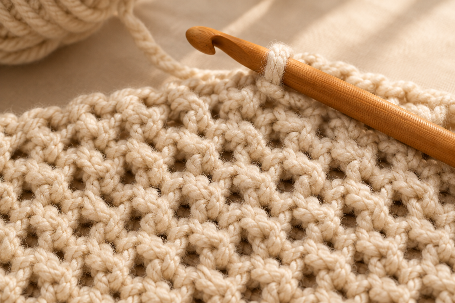 Extreme macro close-up of the moss stitch (linen stitch) crochet pattern in warm oatmeal cream super-bulky wool, showing the distinct woven texture created by alternating single crochets and chain-1 spaces, a 10 mm honey-colored wooden crochet hook resting on top of the fabric with the working loop attached, a small yarn ball softly blurred in the upper-left corner, cream linen background, warm afternoon window light, photorealistic craft-magazine detail shot