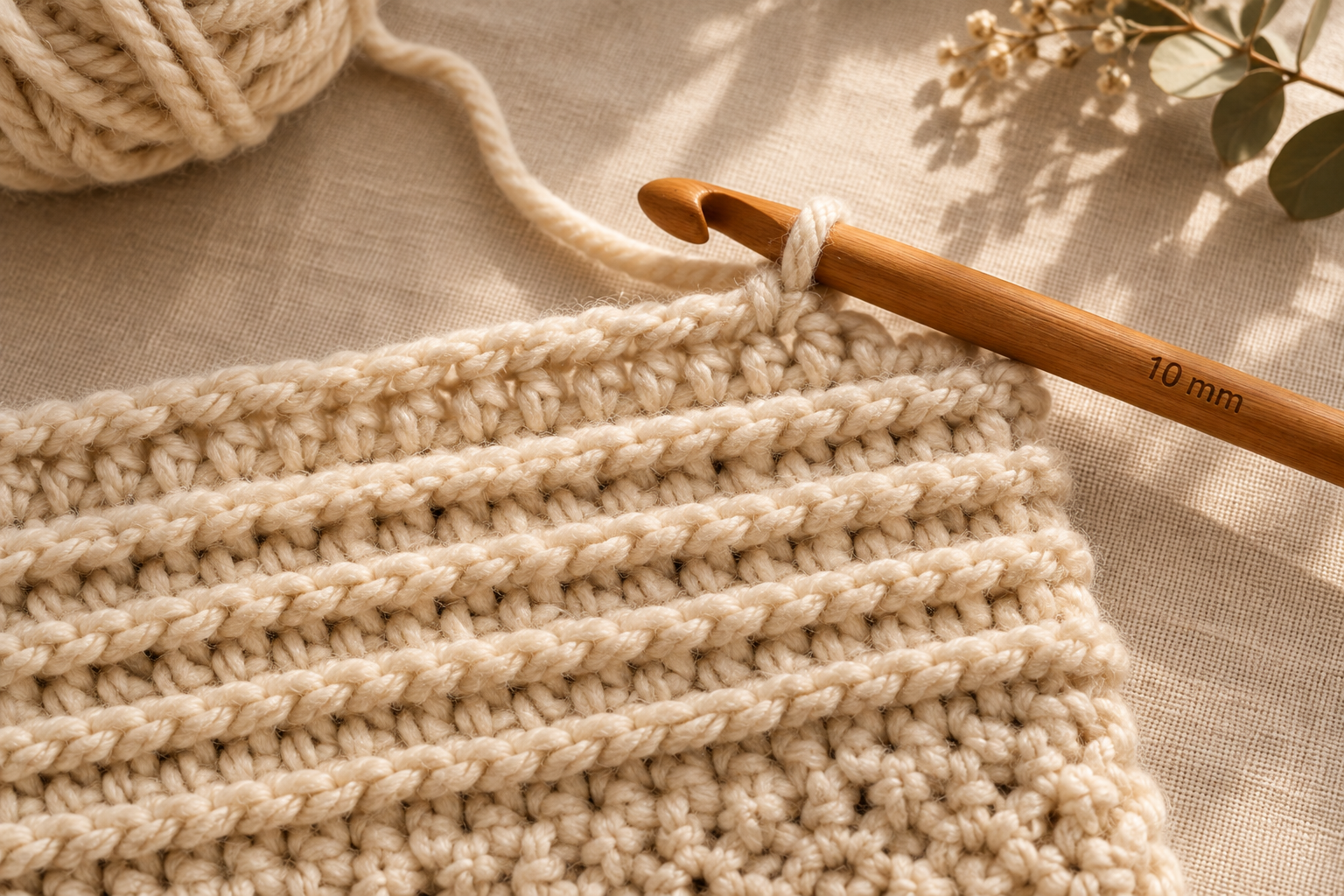 Overhead macro close-up of a chunky oatmeal cream super-bulky wool crochet border in progress, showing the crisp horizontal ridged texture of five rows of back-loop-only single crochet, a 10 mm honey-colored wooden crochet hook mid-stitch at the top edge, small yarn ball softly blurred in the upper-left corner, dried eucalyptus branch shadow on the cream linen background, warm afternoon window light