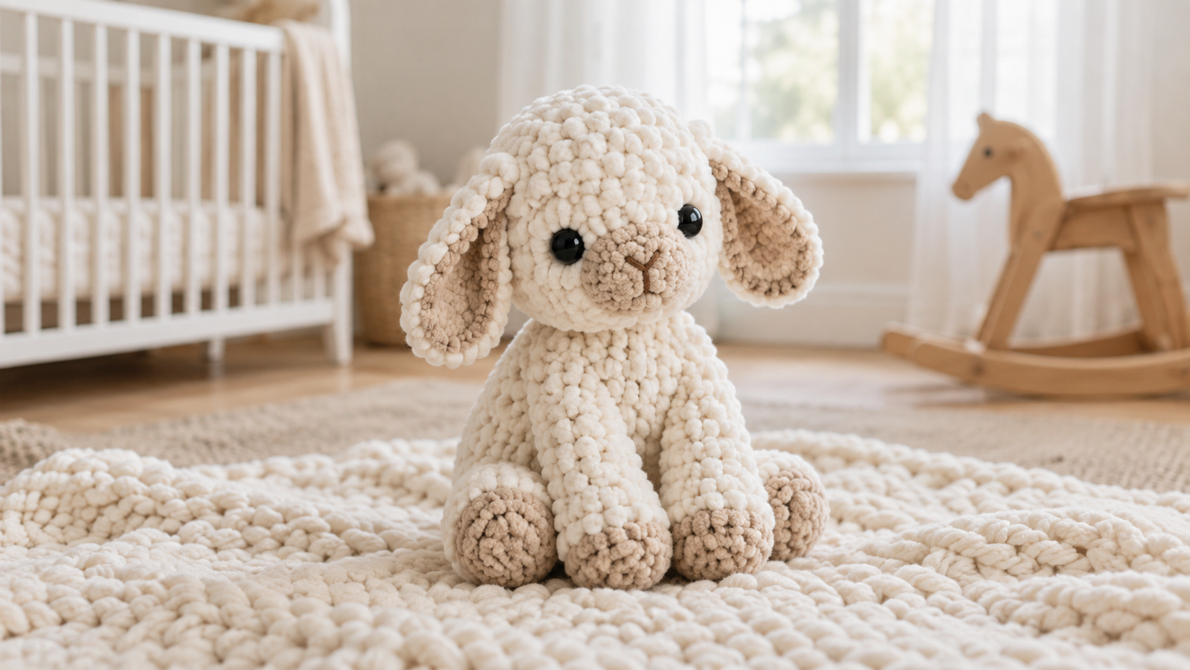 Cream chunky crochet lamb plush with tan chenille ears and safety eyes, sitting on a chunky knit ivory blanket in a soft-lit nursery with a white crib and wooden rocking horse in the background
