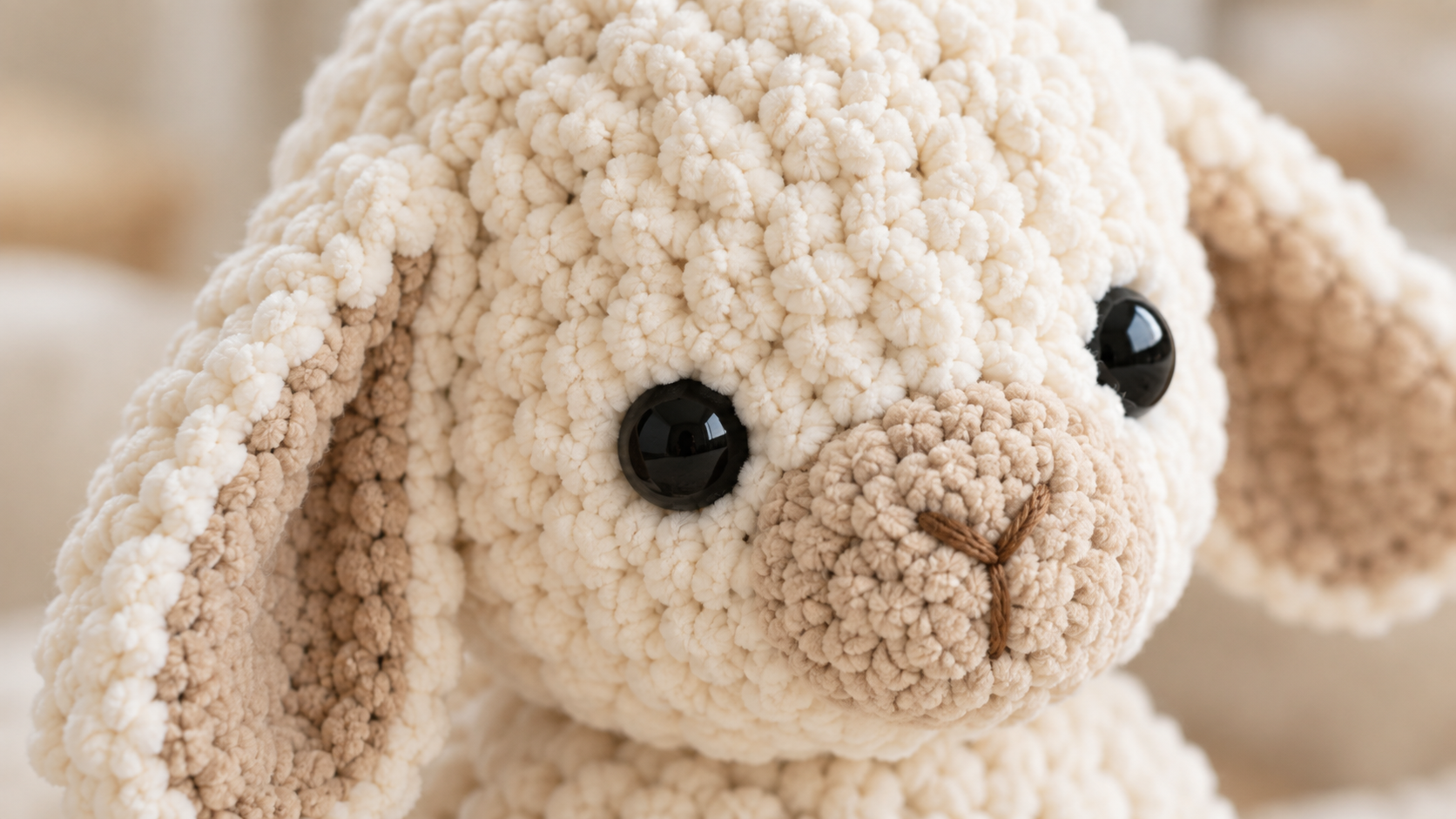 Extreme close-up macro of the finished chunky lamb face showing cream chenille pile, two 12 mm glossy black safety eyes, tan embroidered inverted-Y nose, and tan-lined droop ears folded softly against the head