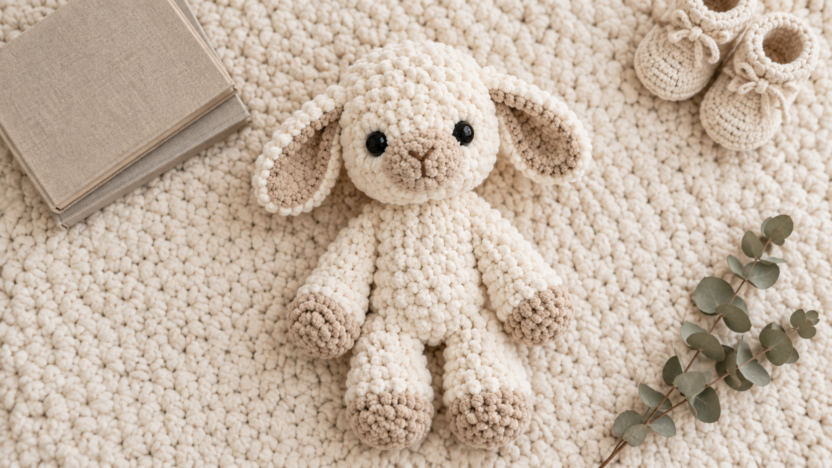 Overhead flat-lay of the finished cream chunky crochet lamb plush styled on an ivory chunky knit blanket beside a stack of linen-wrapped books, a pair of small cream crochet baby booties, and a sprig of dried eucalyptus