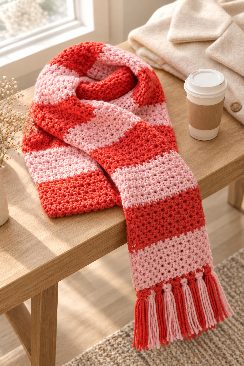 Chunky red and pink striped crochet scarf draped over a light oak bench with a takeaway coffee cup and folded cream wool coat in soft morning light