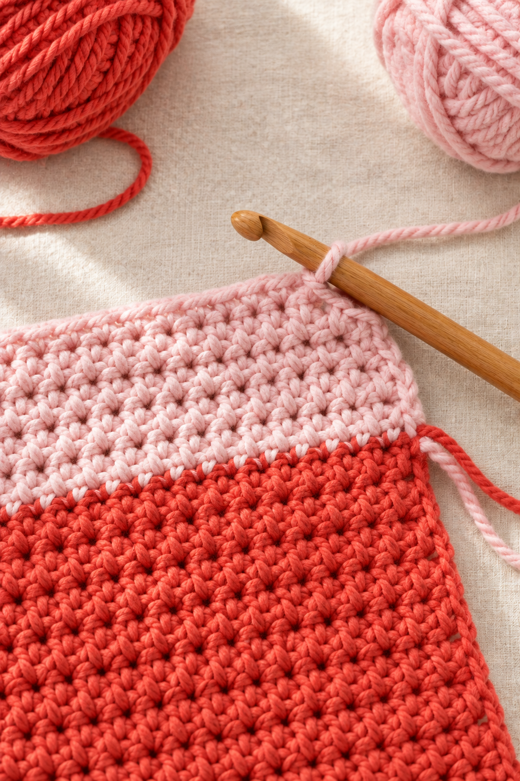 Close-up of chunky crochet scarf mid-row showing a clean color transition from coral red to soft pink with a 10 mm oak hook and both yarn balls in the background