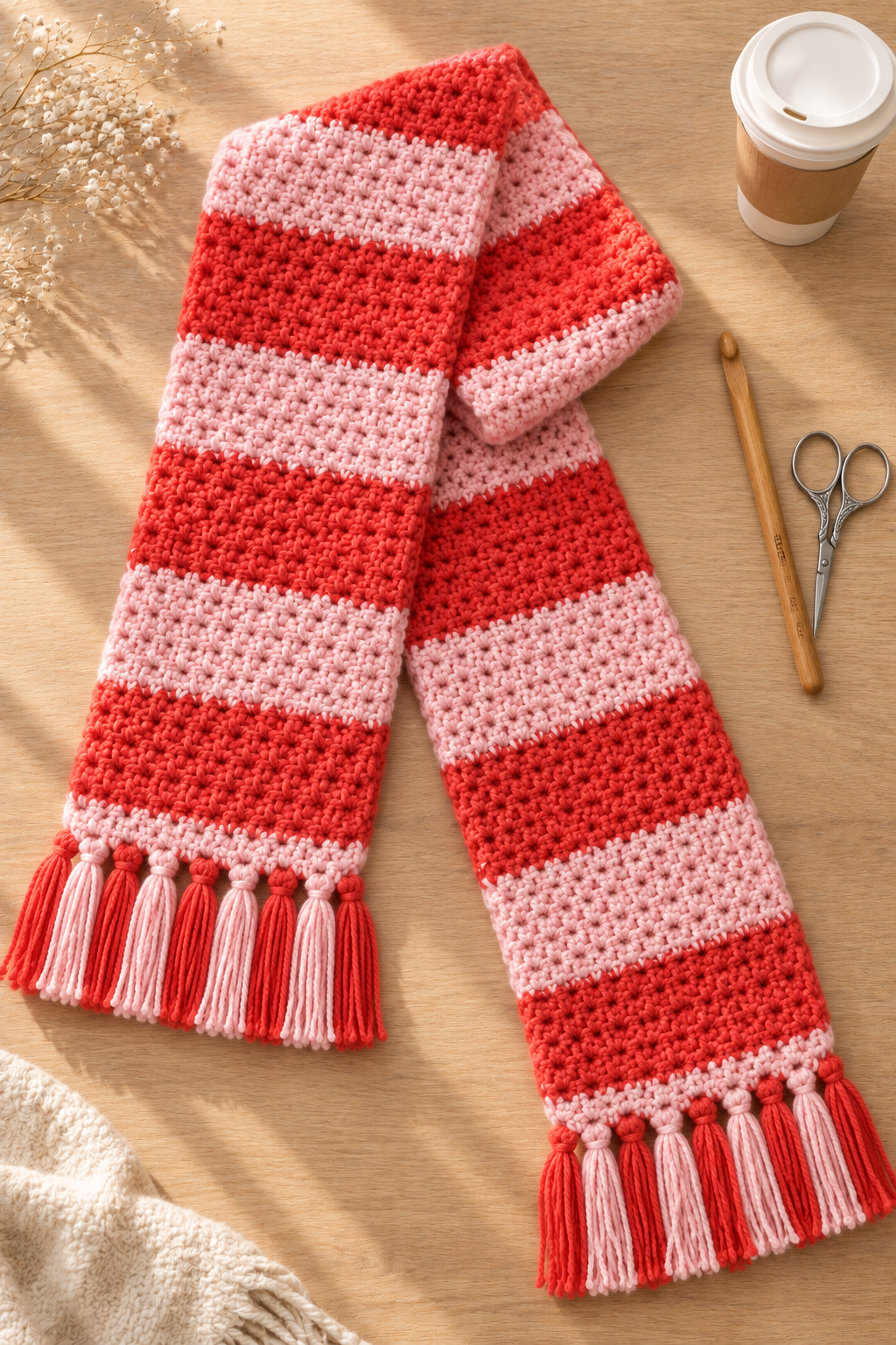 Finished chunky red and pink striped crochet scarf with clean alternating tassel fringe on a light oak surface with an 8 mm hook and silver scissors beside it