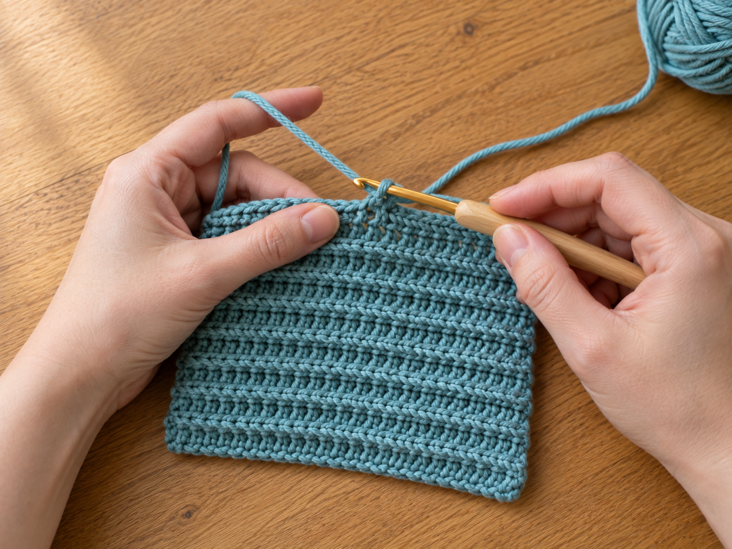 Flat rectangle of dusty teal crochet fabric showing the horizontal knit-style ribbing of the third-loop half double crochet stitch, with a 4 mm bamboo Clover hook and a tape measure across it on a warm oak wood surface