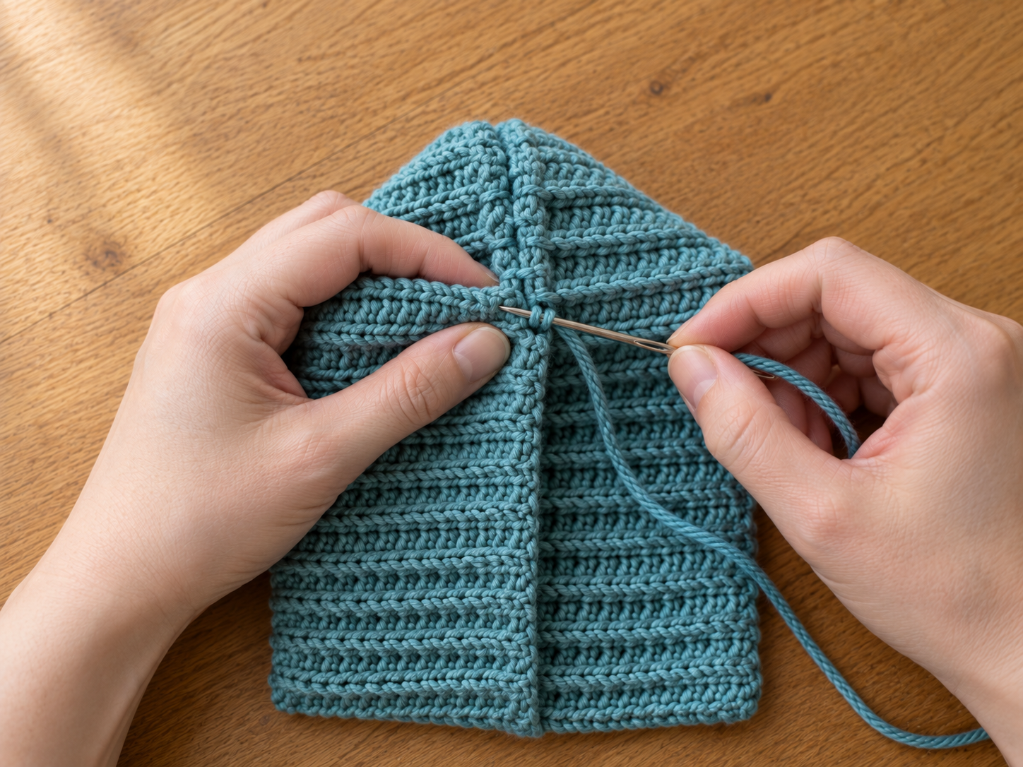 Hands whipstitching the single back seam of the folded dusty teal bonnet with a tapestry needle and matching teal yarn, the ribbed hdc3lp texture visible on both halves of the folded piece, on a warm oak wood surface