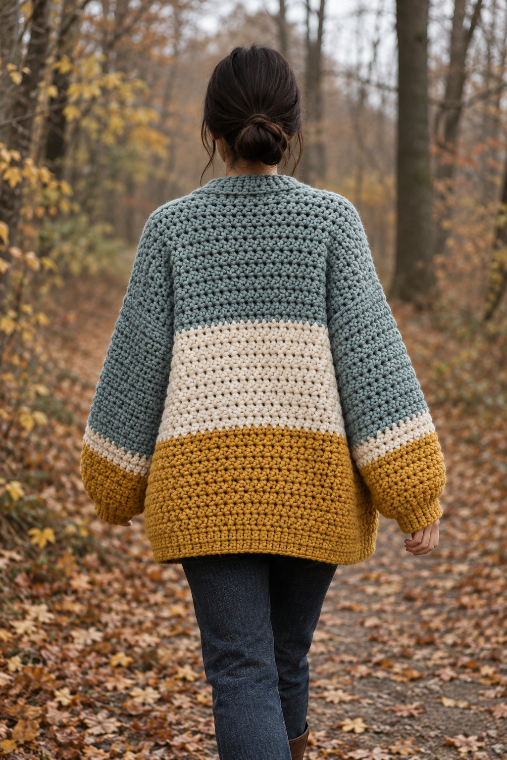 Back view of a woman wearing an oversized color block chunky crochet cardigan in sage blue, cream and mustard on an autumn forest path