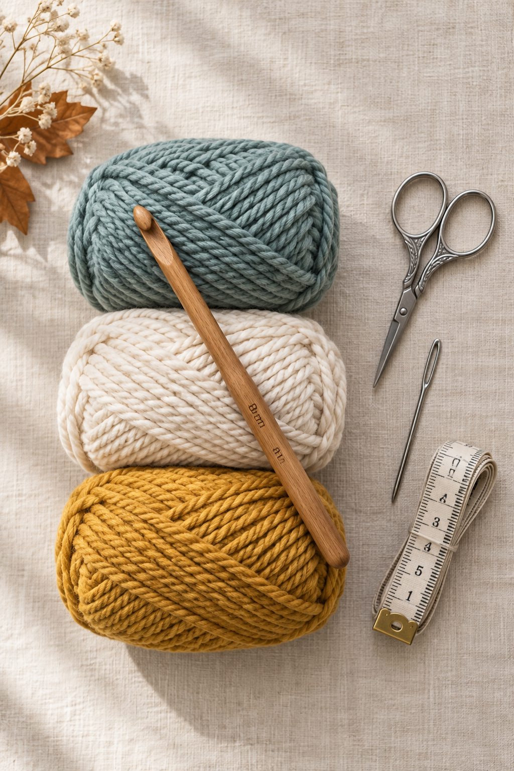 Three stacked balls of chunky yarn — sage blue, cream and mustard — with an 8 mm oak crochet hook, silver scissors, tapestry needle and measuring tape on cream linen with dried autumn leaves