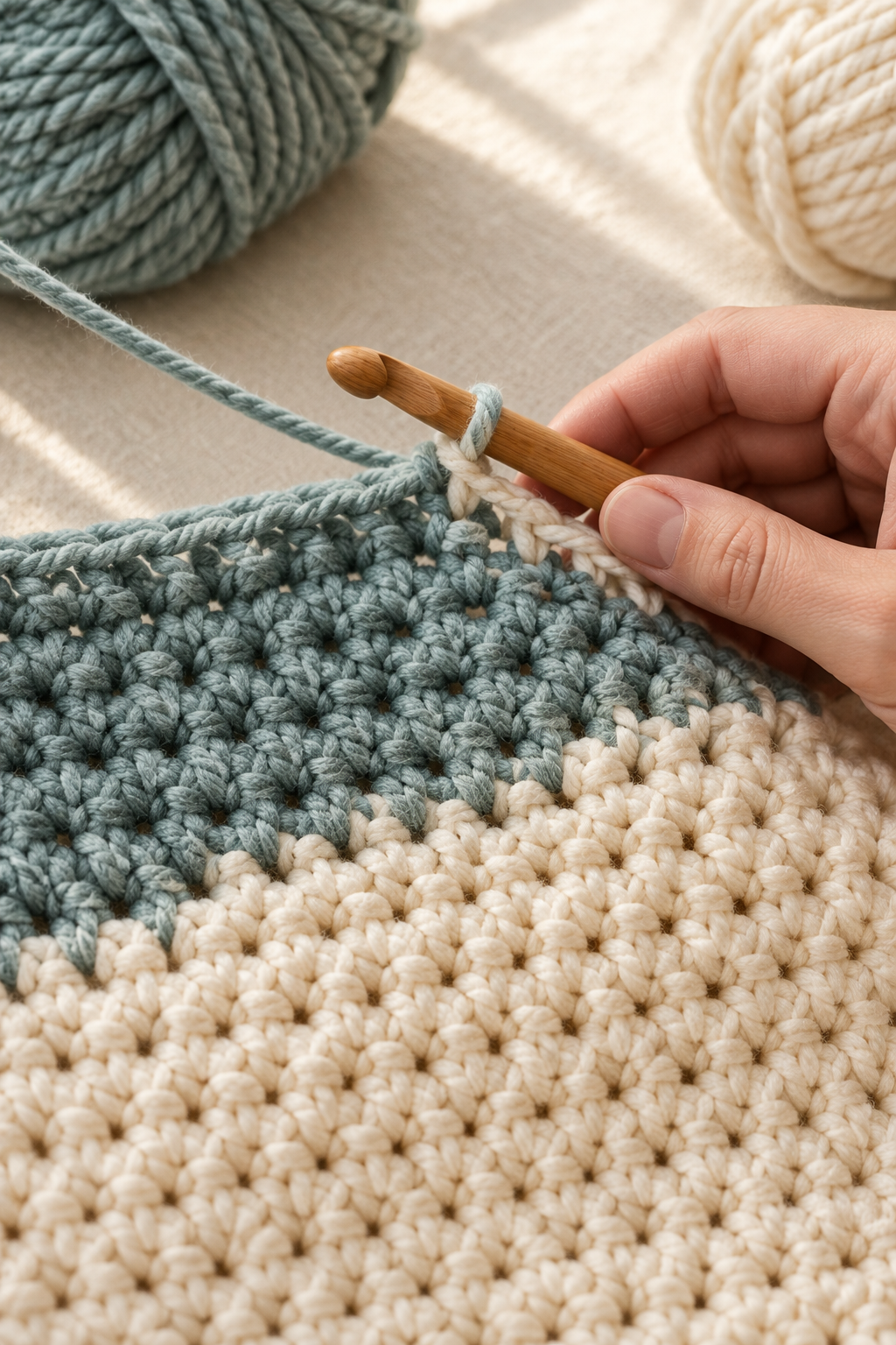 Close-up of a hand with an 8 mm oak crochet hook working a clean color transition from sage blue to cream on a chunky half double crochet panel