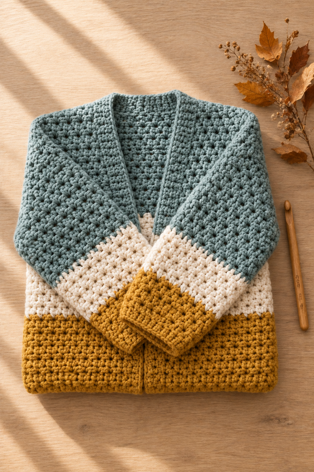 Finished color block chunky crochet cardigan folded neatly on a light oak surface with an 8 mm oak hook and dried autumn leaves beside it