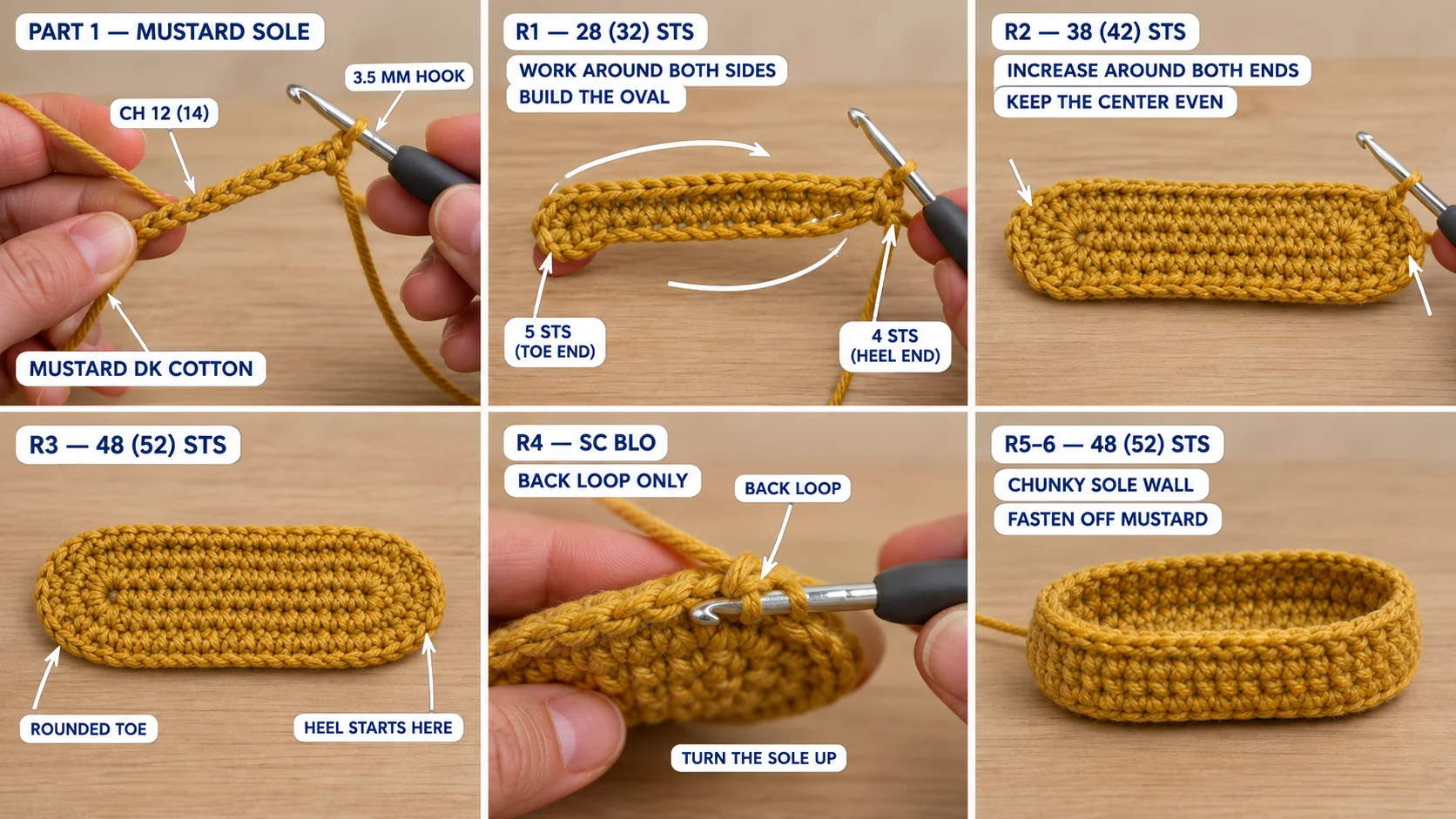 Step 1 of the crochet baby sneakers: a mustard foundation chain, Rounds 1 to 3 making a flat oval sole with the toe at the rounded end, and Rounds 4 to 6 turning up into a thick sole wall