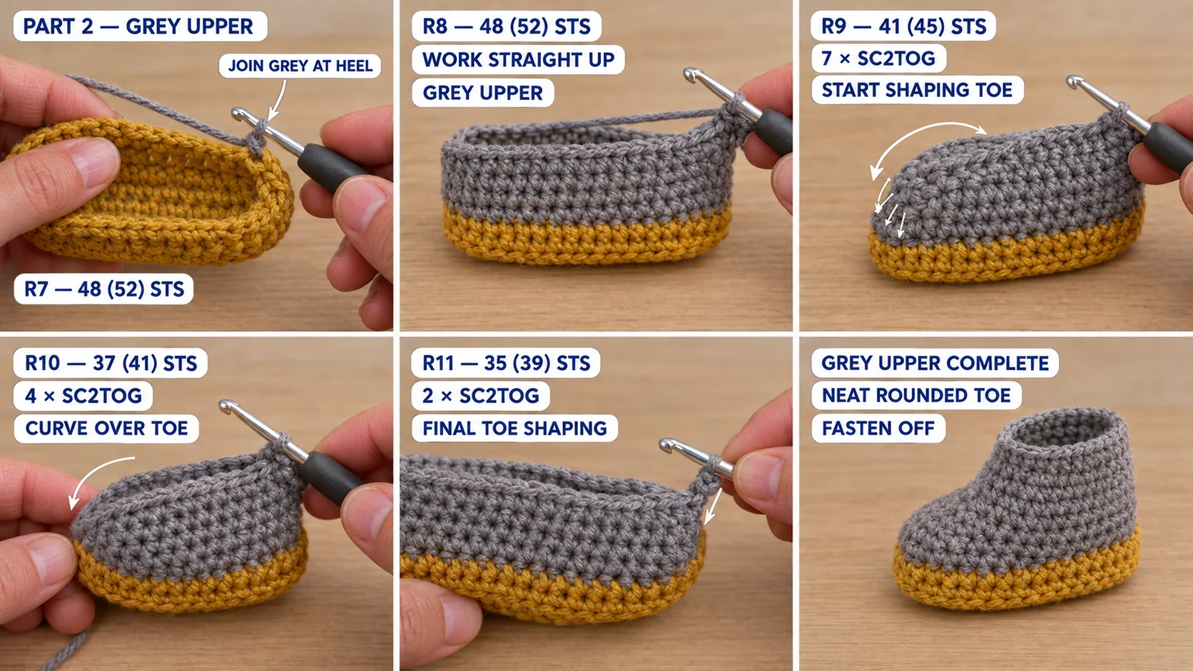 Step 2 of the crochet baby sneakers: grey Rounds 7 and 8 worked straight up from the mustard sole, then toe decreases in Rounds 9 to 11 curving the grey upper over the front of the sneaker