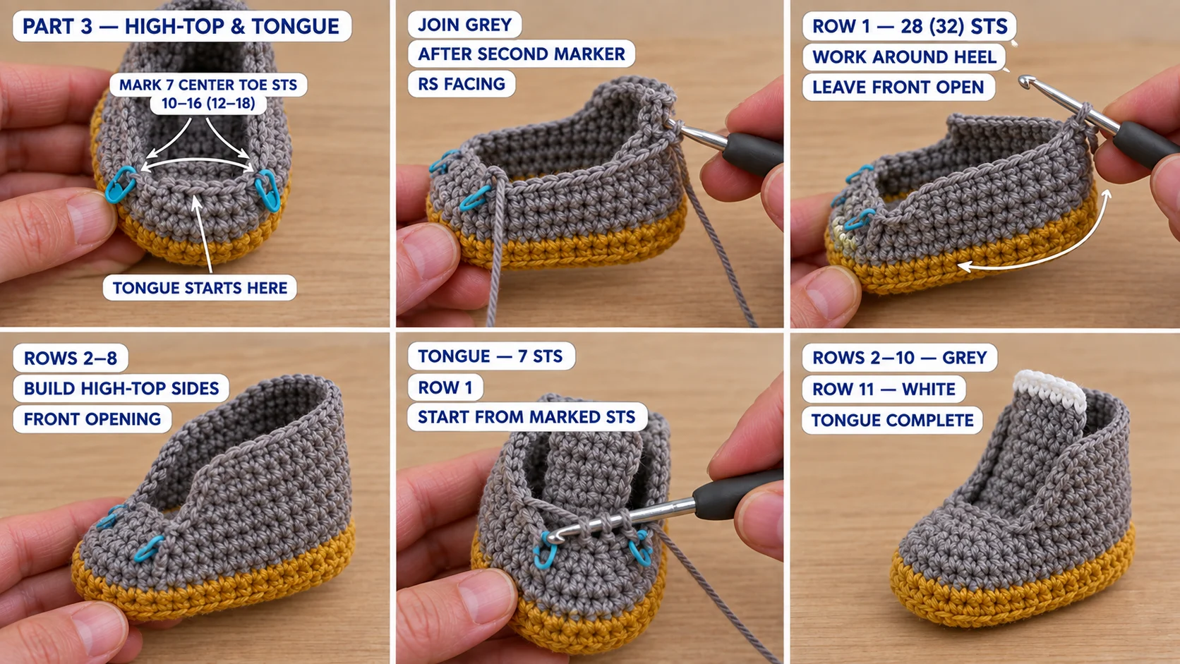 Step 3 of the crochet baby sneakers: seven center toe stitches marked, eight grey rows worked around the heel to form the high-top sides with a front opening, and a seven-stitch grey tongue with a white top row