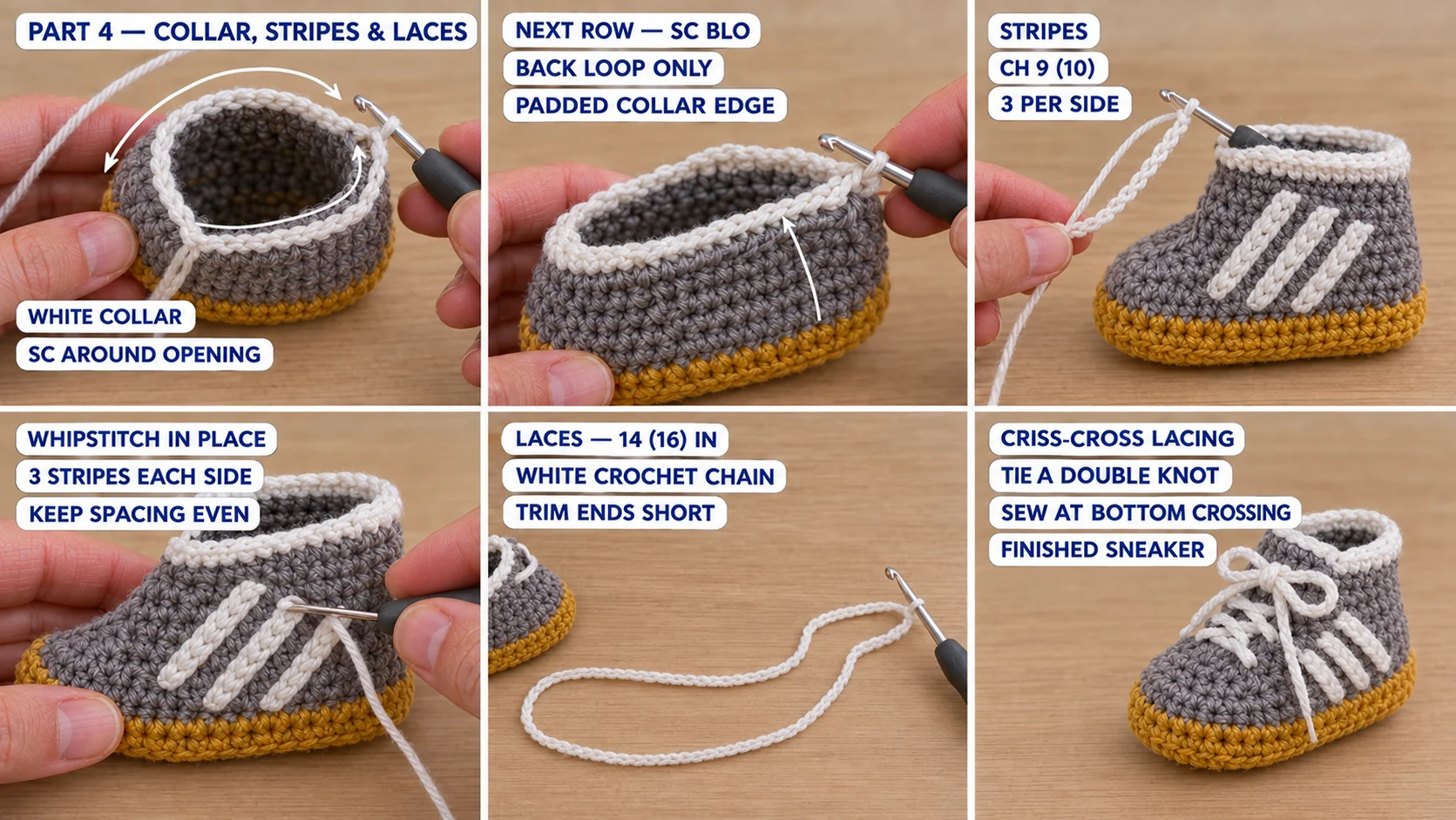 Step 4 of the crochet baby sneakers: a white single crochet collar with a rolled back-loop edge, three white stripes whipstitched to each side, and a white chain lace threaded criss-cross and tied in a bow