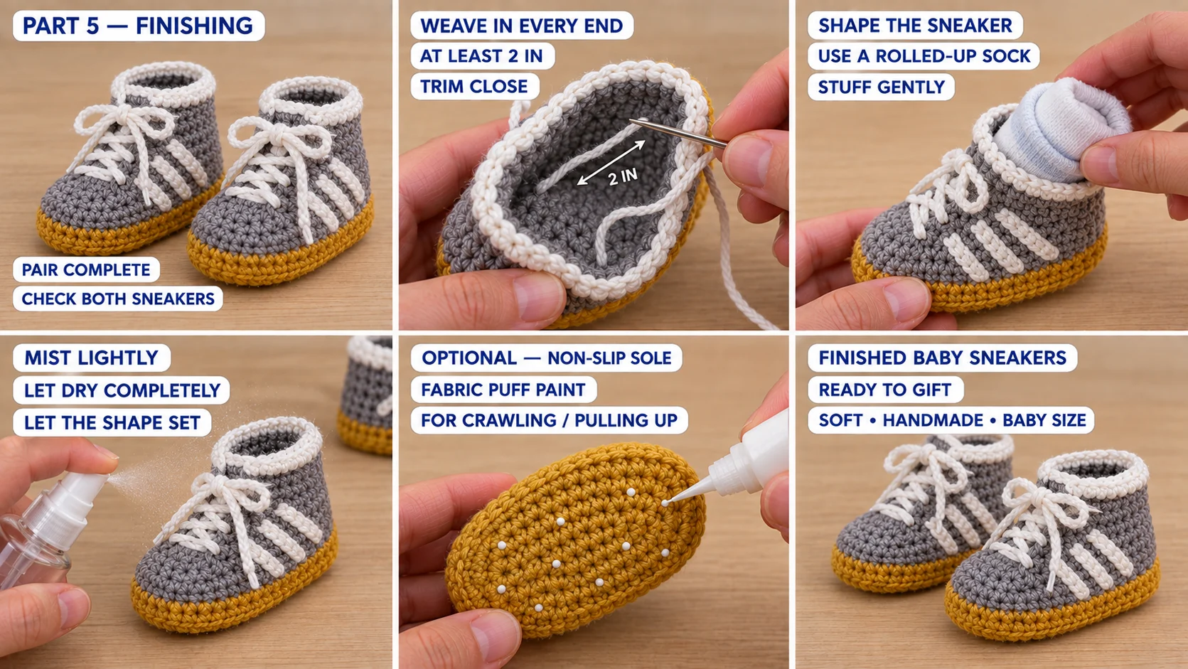 Finishing the crochet baby sneakers: weaving in the ends inside, shaping each sneaker around a rolled-up sock, misting it lightly, adding puff-paint dots to the mustard sole, and the finished pair ready to gift