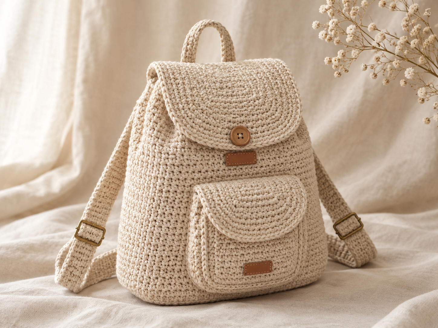Cream cotton crochet backpack with curved flap, wooden button, front pocket, top loop handle and adjustable brass-buckle straps on a linen backdrop
