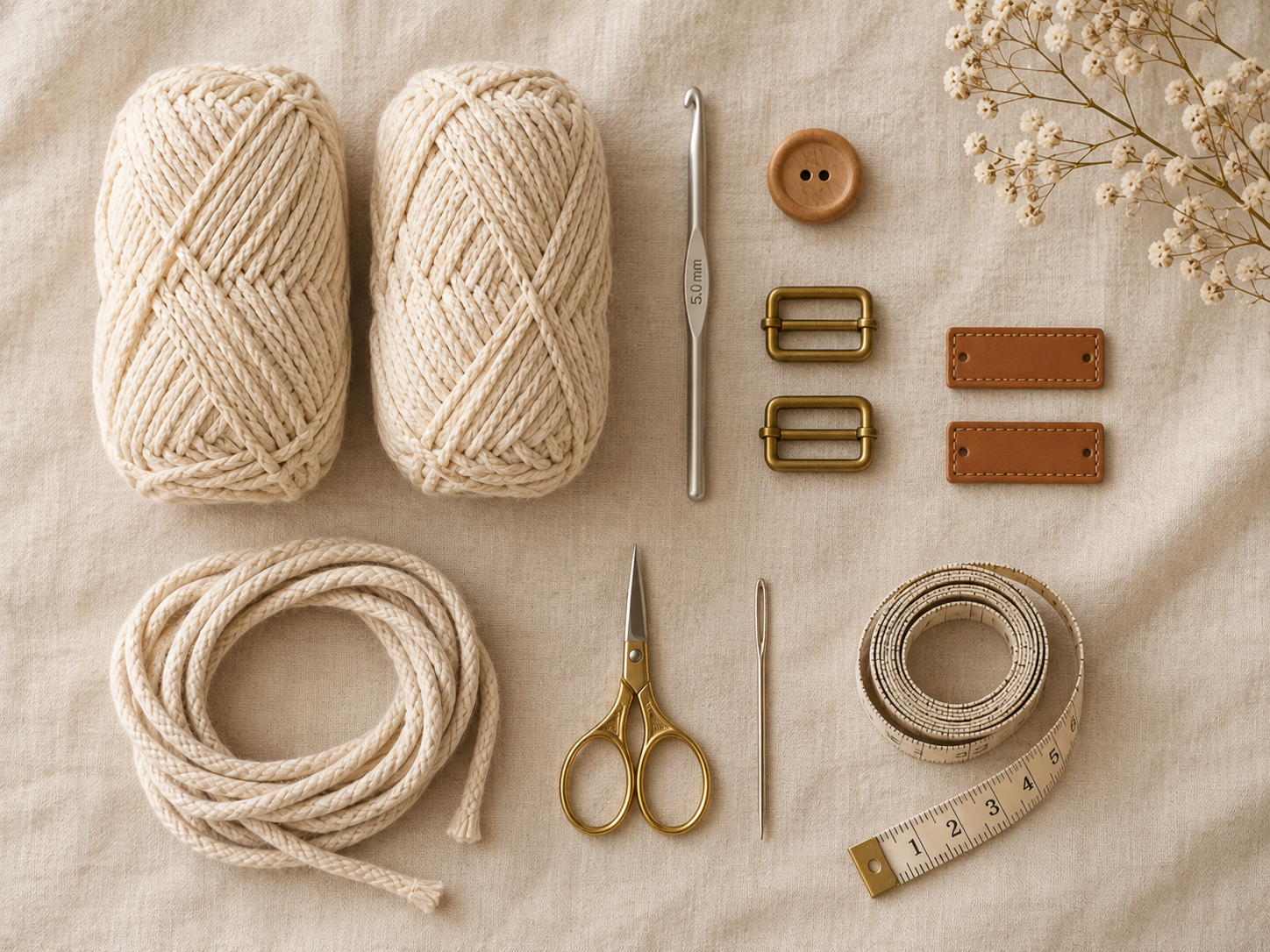 Overhead flat-lay of two cream cotton yarn skeins, 5mm crochet hook, wooden button, two brass slider buckles, two tan leather tags, natural cotton cord, embroidery scissors, tapestry needle, and measuring tape on a warm linen backdrop