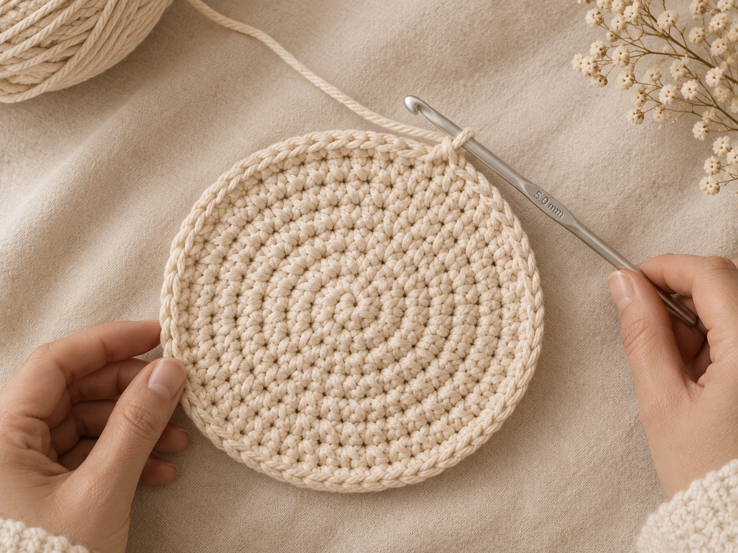 Flat circular crochet base in cream cotton being worked in a spiral, hook and yarn mid-stitch, hands lightly visible on a warm cream linen backdrop
