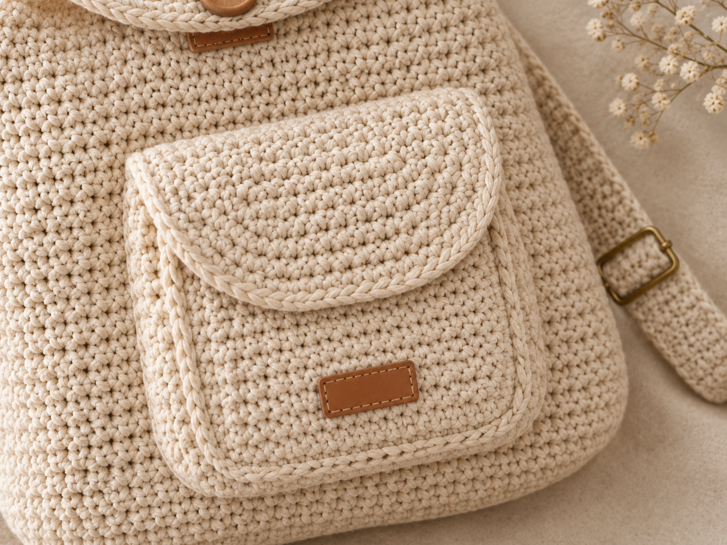 Overhead close-up of the crochet backpack front pocket with its curved mini flap and small leather tag stitched onto cream cotton on a warm linen backdrop
