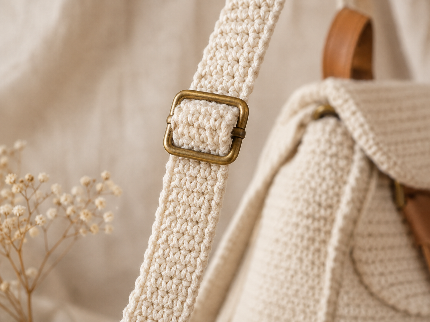 Close-up of the crochet backpack adjustable shoulder strap threaded through a brass slider buckle on cream cotton in soft window light