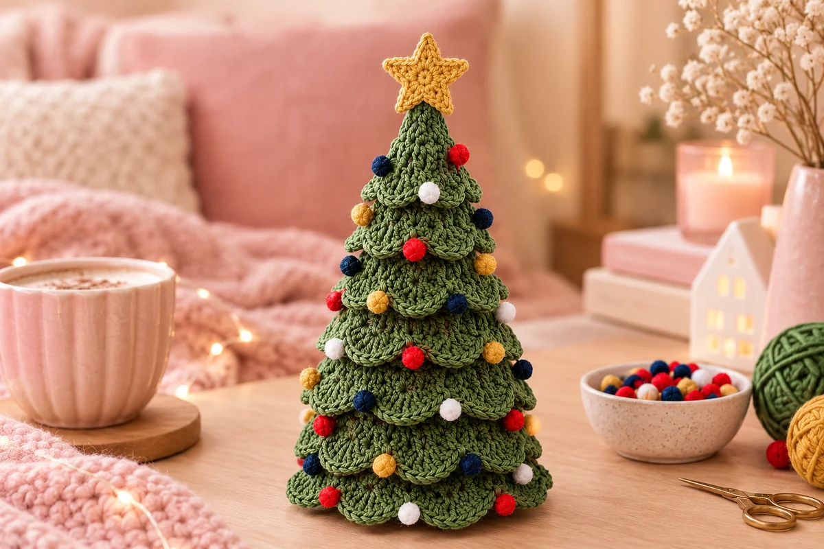The finished scalloped crochet Christmas tree with its yellow star and pom-pom baubles on a wooden side table, beside a cup of cocoa, a pink knitted throw and a small bowl of spare pom-poms