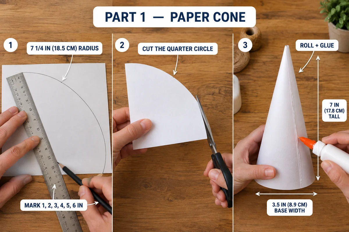 Part 1 of the crochet Christmas tree: measuring a 7¼-inch quarter circle on white cardstock, cutting it out, then rolling and gluing it into a 7-inch paper cone with a 3.5-inch base