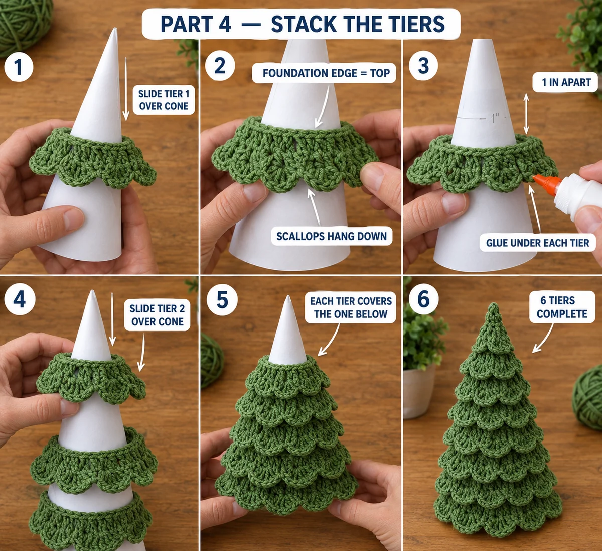 Part 4 of the crochet Christmas tree: sliding each scalloped tier over the paper cone with the foundation edge on top, gluing it about an inch above the one below, until all six tiers are stacked