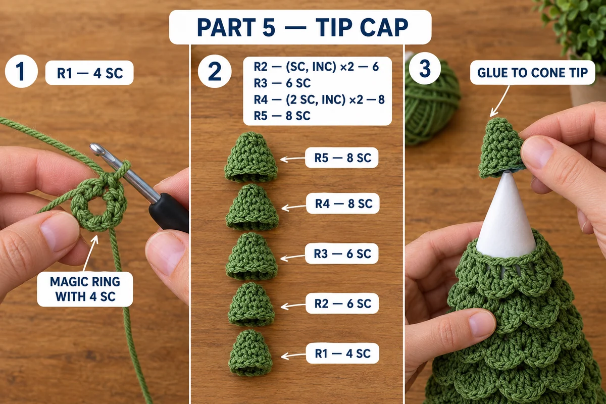 Part 5 of the crochet Christmas tree: a magic ring of 4 sc, the little green cap growing round by round to 6 and then 8 sc, and the finished cap being glued onto the bare tip of the paper cone above the top tier