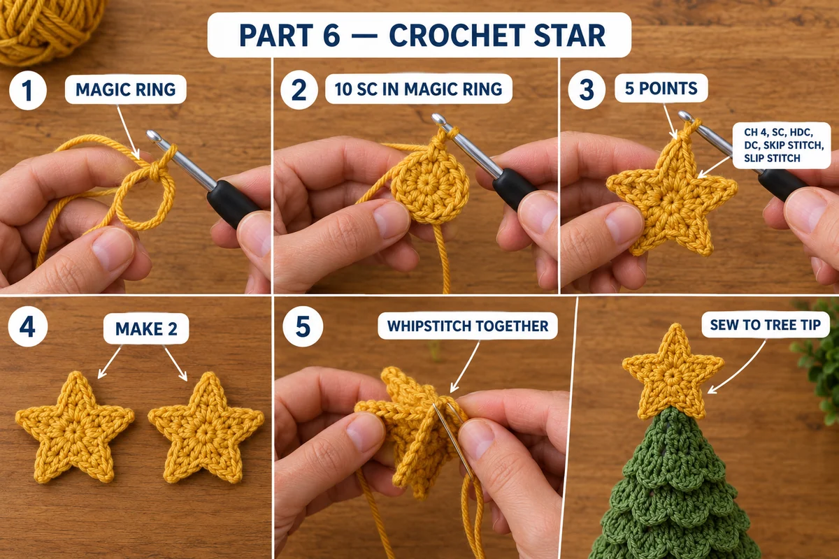 Part 6 of the crochet Christmas tree: a mustard yellow crochet star worked from a magic ring of 10 sc with five points, two stars whipstitched together and sewn to the tip of the tree