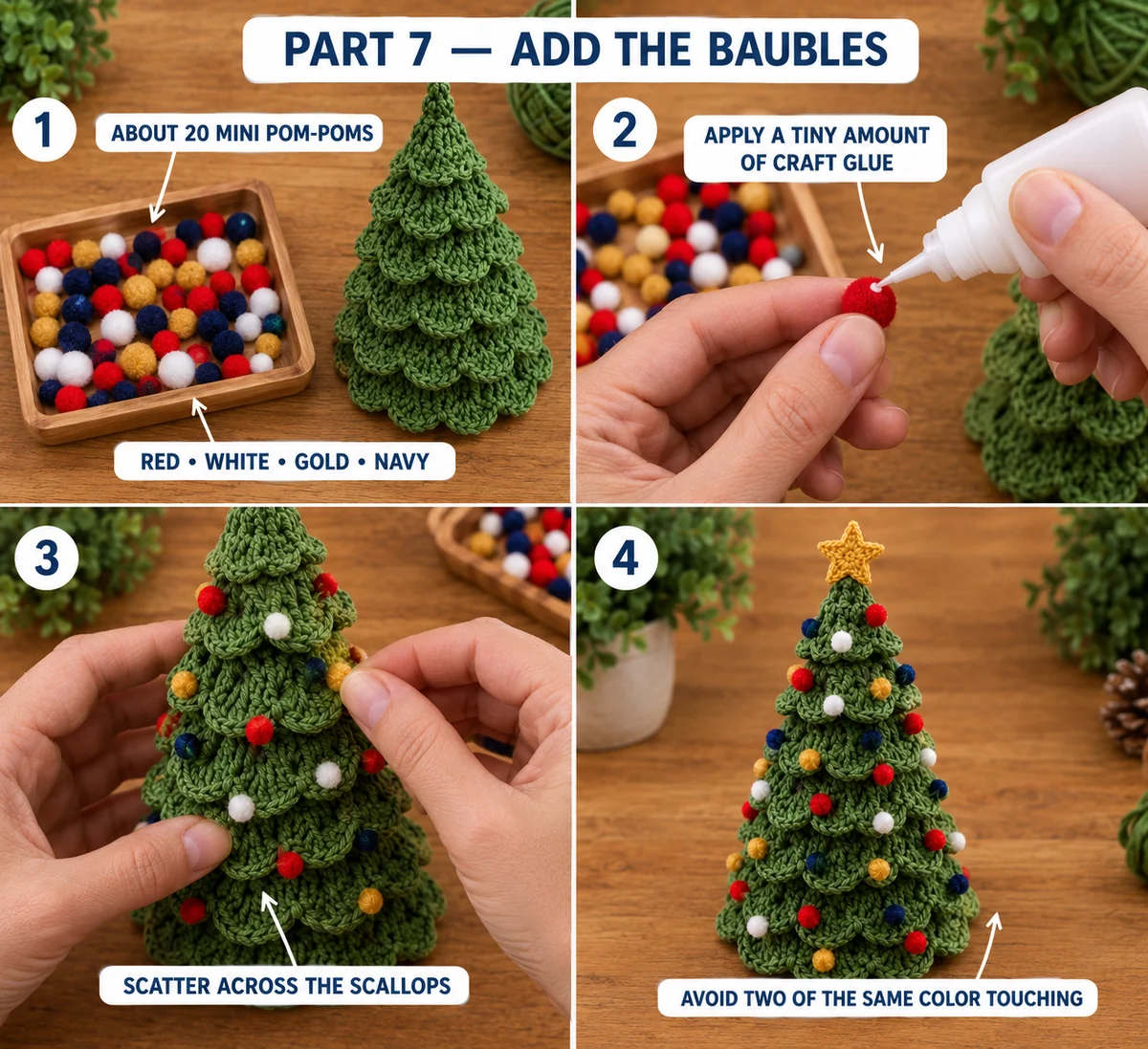 Part 7 of the crochet Christmas tree: red, white, gold and navy mini pom-poms glued onto the scalloped tiers with a little craft glue, scattered so no two of the same color touch